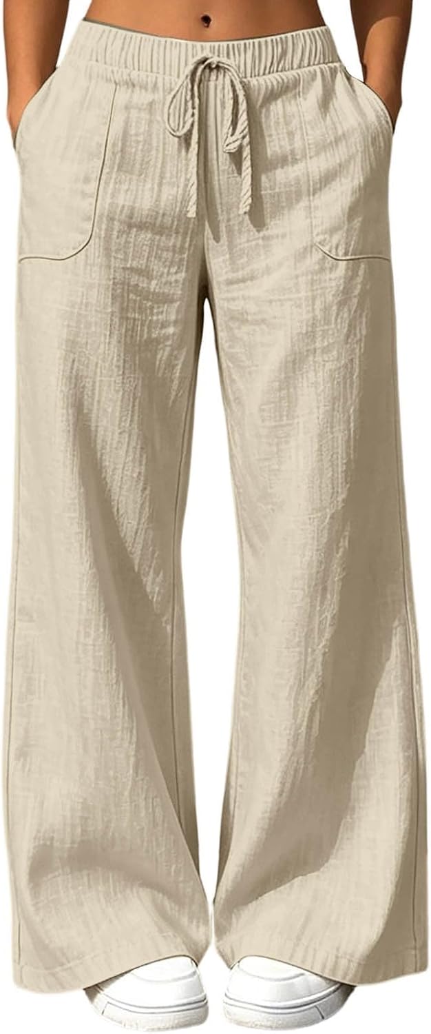 High Waisted Linen Pants Women Elastic Waist Wide Leg Flowy Lounge Pants Drawstring Palazzo Pant with Pockets