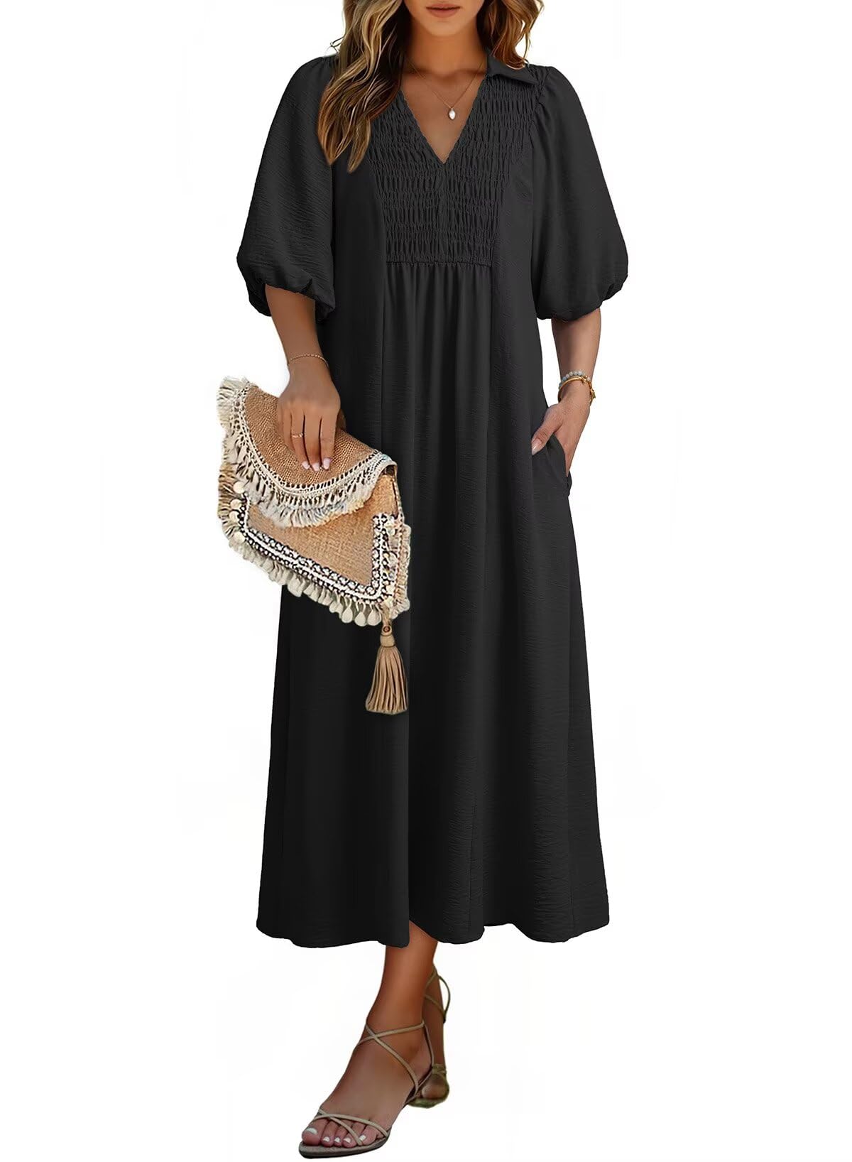Dokotoo Summer Dresses for Women 2026 Casual Dresses V Neck Puff Sleeve Empire Waist A-Line Maxi Dress