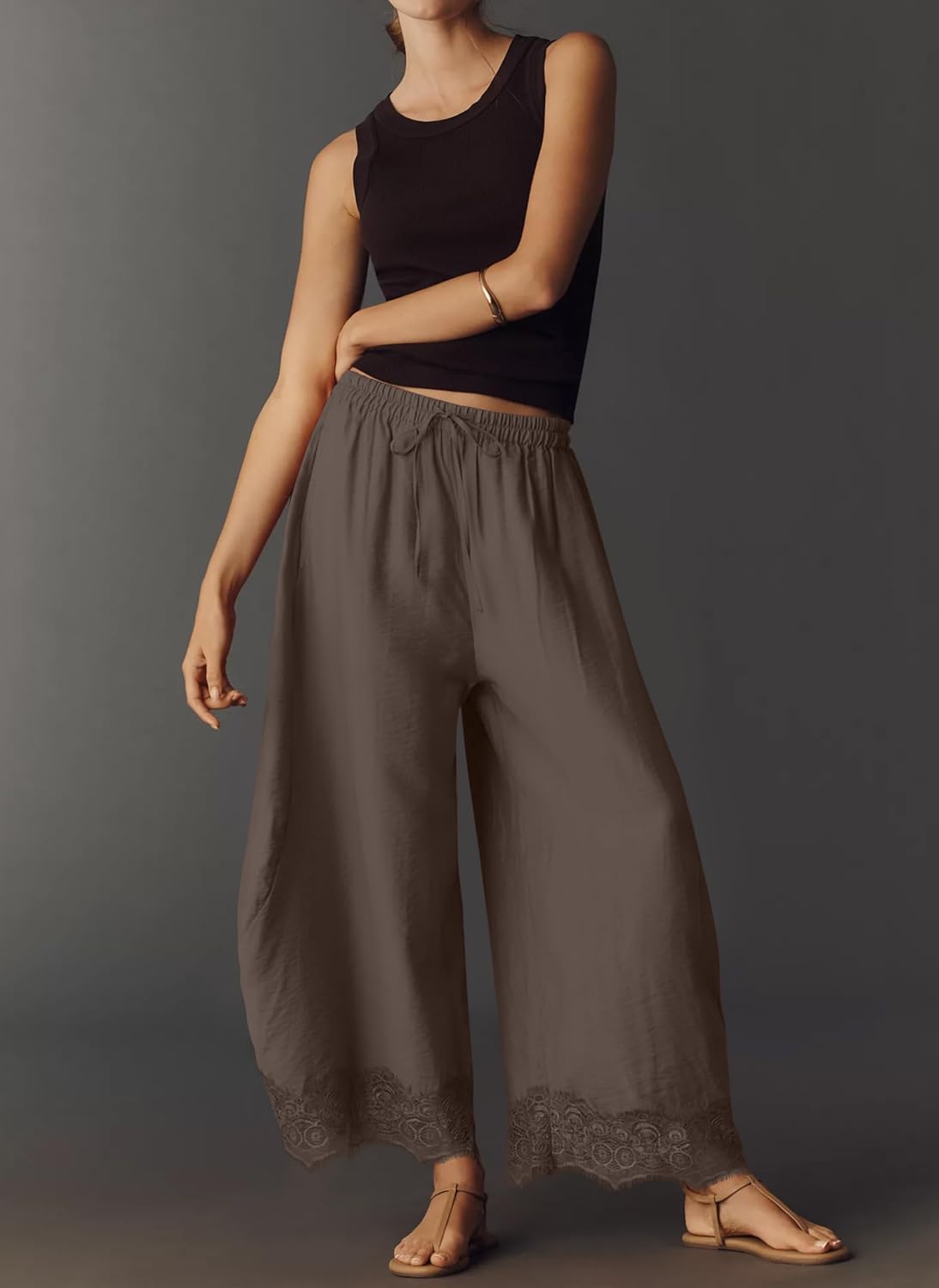 Anoumcy Lace Trim Wide Leg Pants for Women 2026 Spring Summer Cropped Lightweight Casual Pants