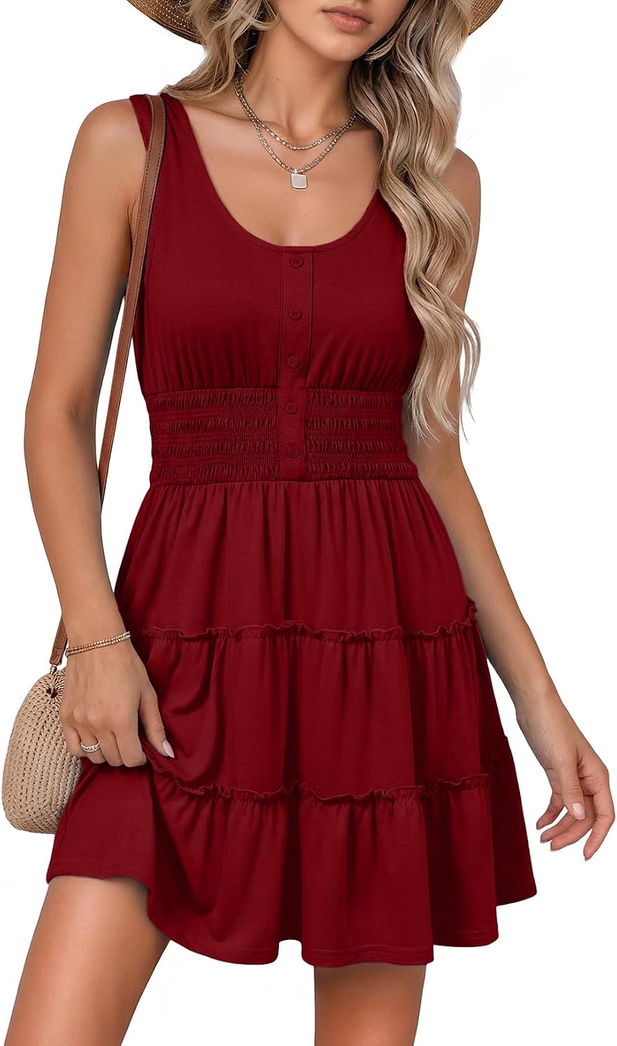 Dokotoo Womens Summer Dresses 2026 Sleeveless Button Down Smocked Empire Waist Ruffle Tiered Casual Swing Mini Dress