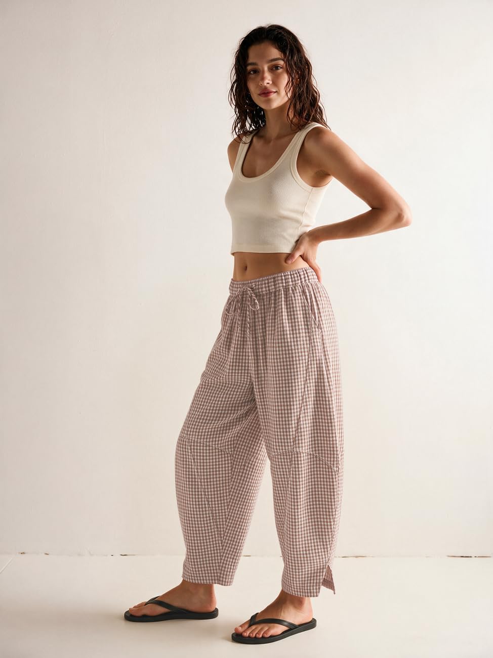 TARSE Womens Gingham Striped Linen Barrel Pants Drawstring Casual Trousers