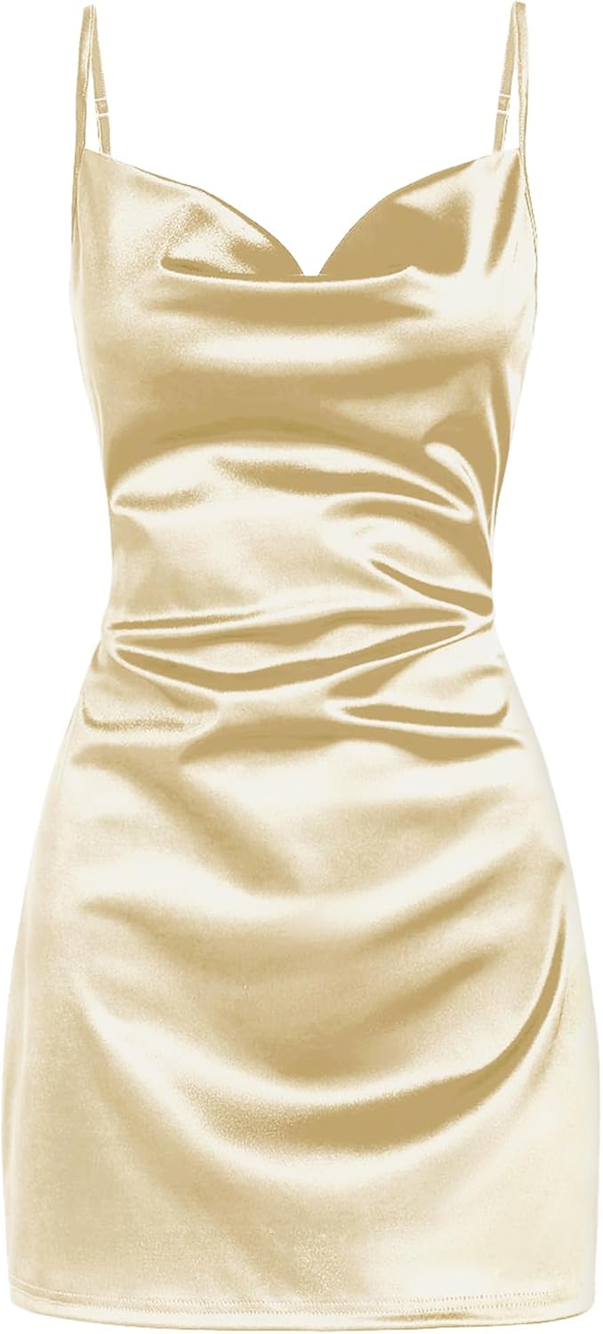 ZAFUL Women Satin Cowl Neck Spaghetti Strap Mini Slip Cocktail Dress