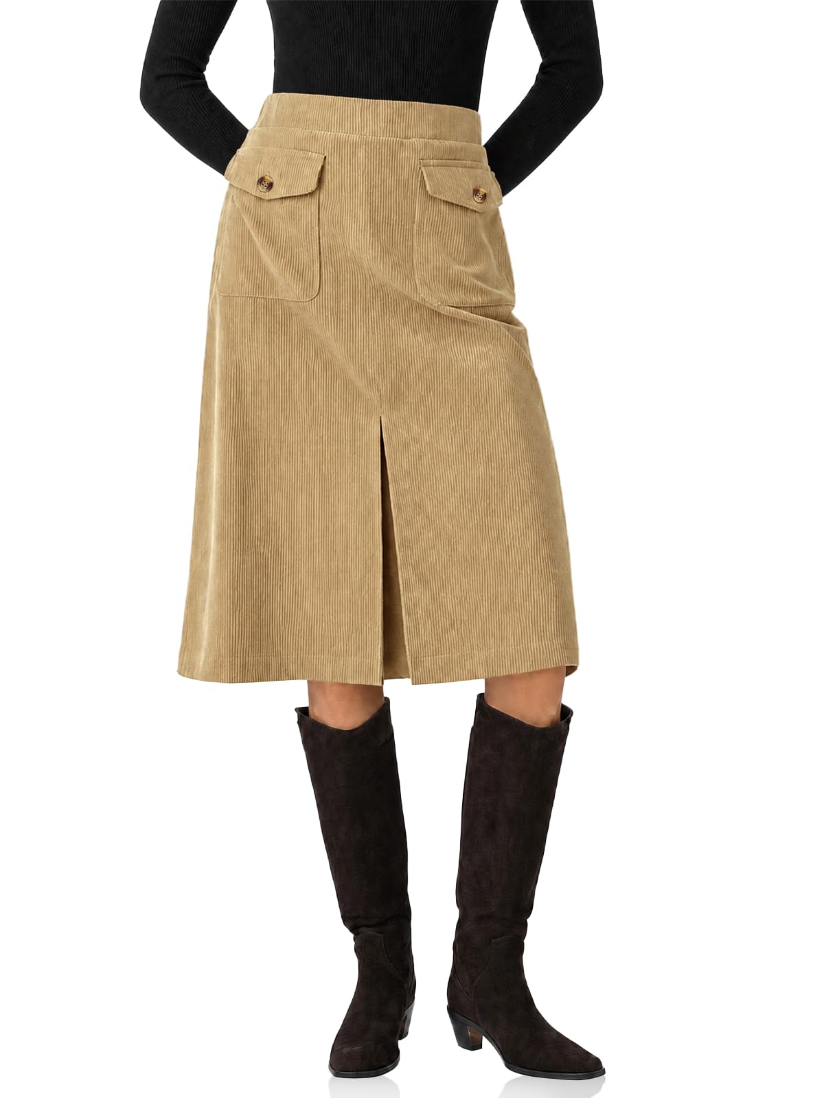 Cicy Bell Women Corduroy Midi Skirt Fall A-Line Front Slit Skirts