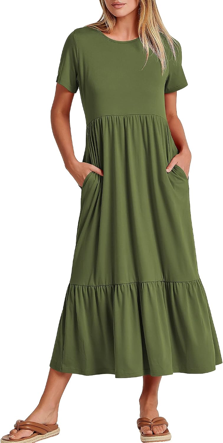 ANRABESS Womens 2026 Summer Casual Maxi Dress A line Tiered Flowy Short Sleeve Crewneck T Shirt Beach Travel Long Dresses