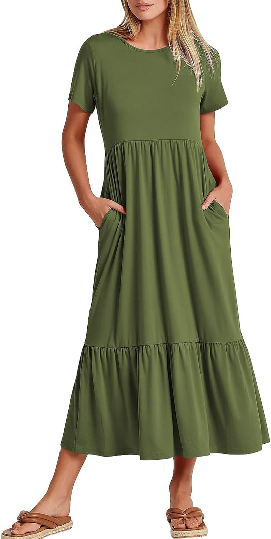 ANRABESS Womens 2026 Summer Casual Maxi Dress A line Tiered Flowy Short Sleeve Crewneck T Shirt Beach Travel Long Dresses