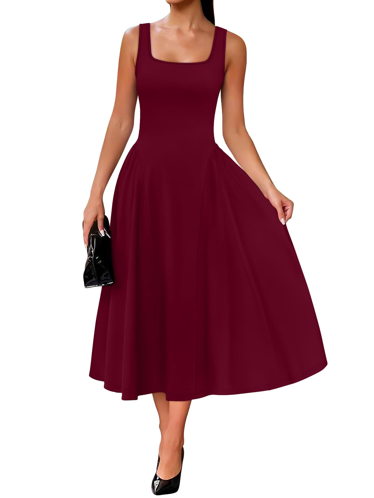 OFEEFAN Summer Dresses for Women Square Neck Corset A Line Maxi Dress Ruffle Ruched Waist Flowy Outfits
