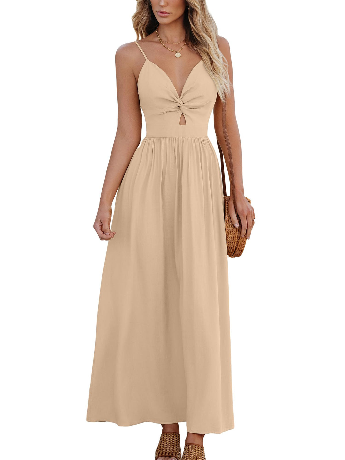 CUPSHE Women's V Neck Twisted Pleated Cutout Backless Formal Maxi Dress