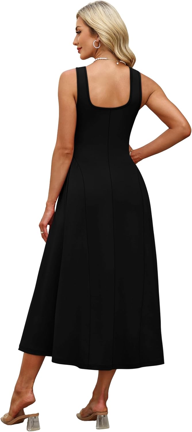 OFEEFAN Summer Dresses for Women Square Neck Corset A Line Maxi Dress Ruffle Ruched Waist Flowy Outfits