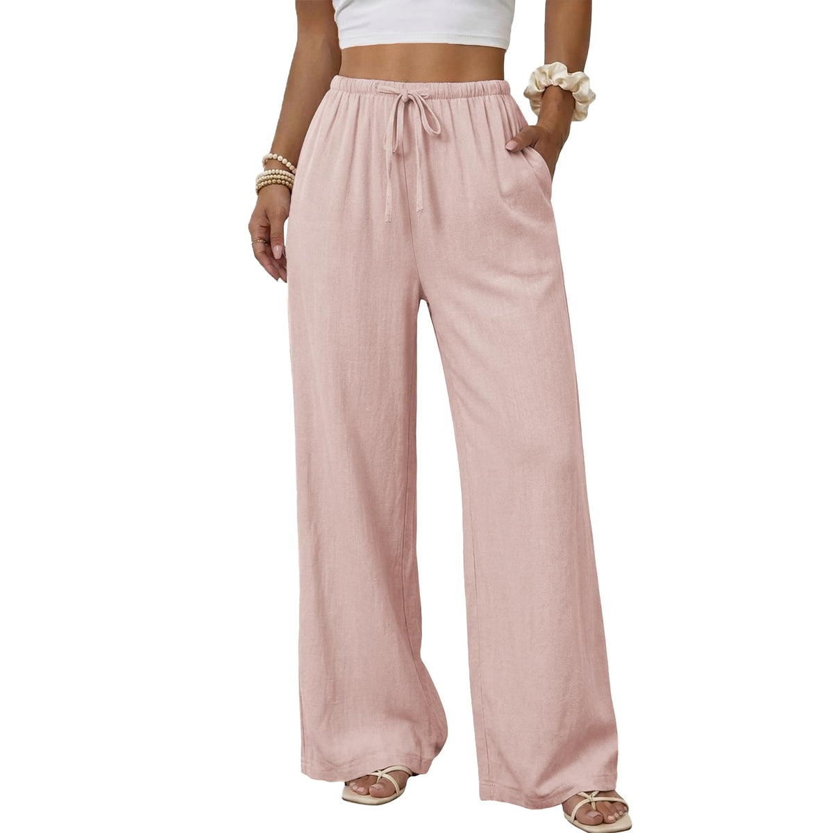 Duyang Womens Cotton Linen Palazzo Pants Drawstring Elastic Waist Casual Wide Leg Trousers with Pockets