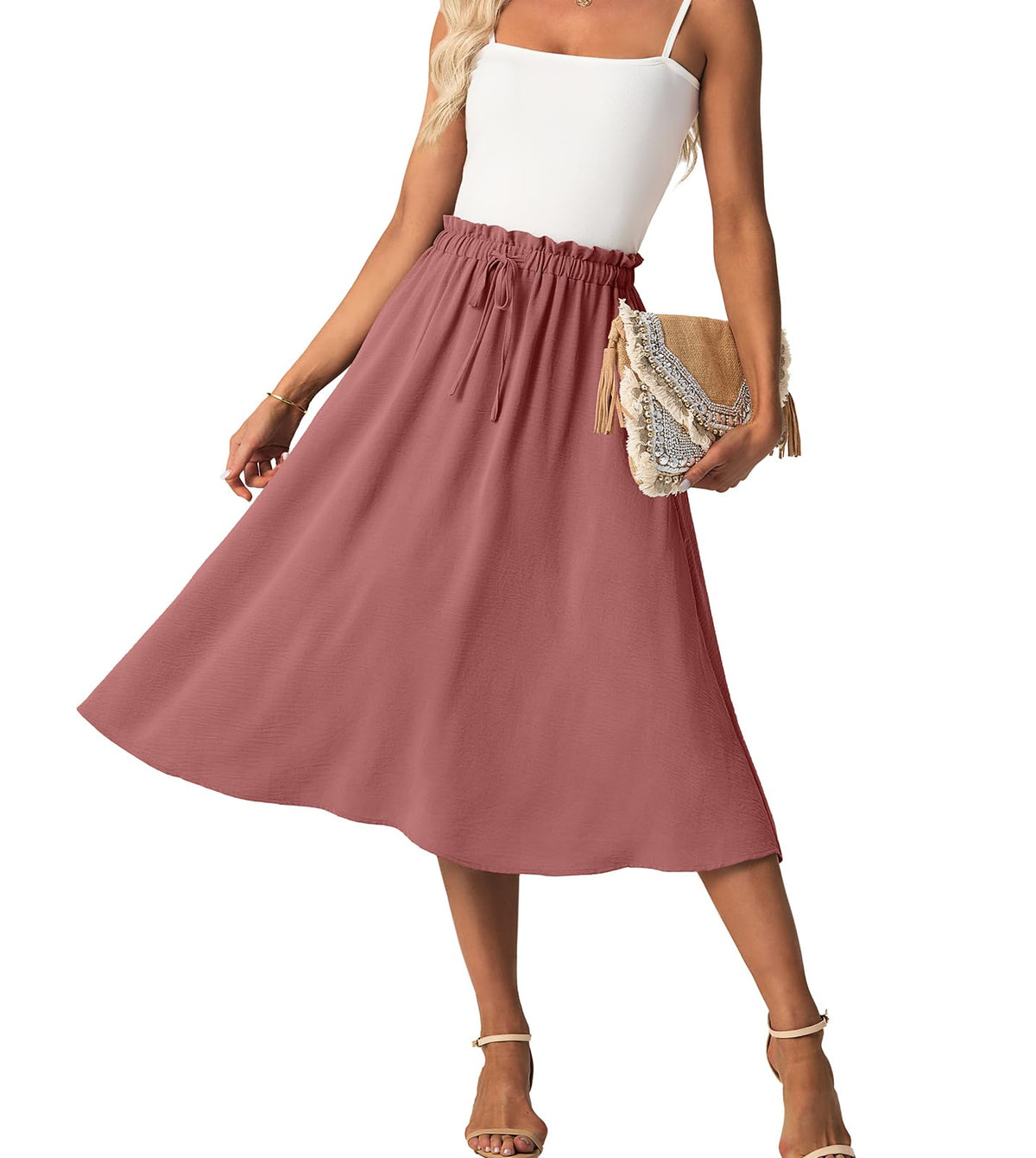 FREEOAK High Waist Skirts for Women Below Knee Casual Flowy Summer Midi Skirts Palazzo A-Line Long Skirt with Pockets