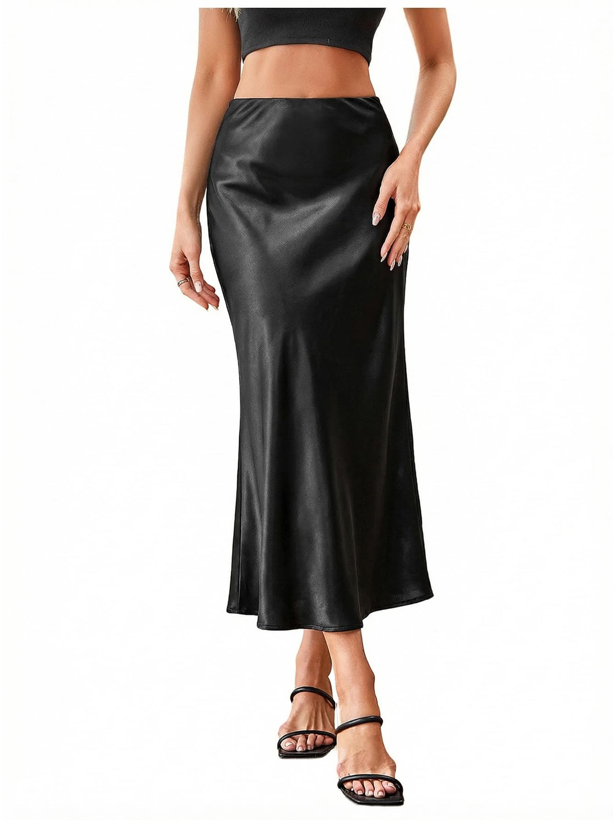 MakeMeChic Women's Satin High Waisted Fishtail Flowy Midi Skirt