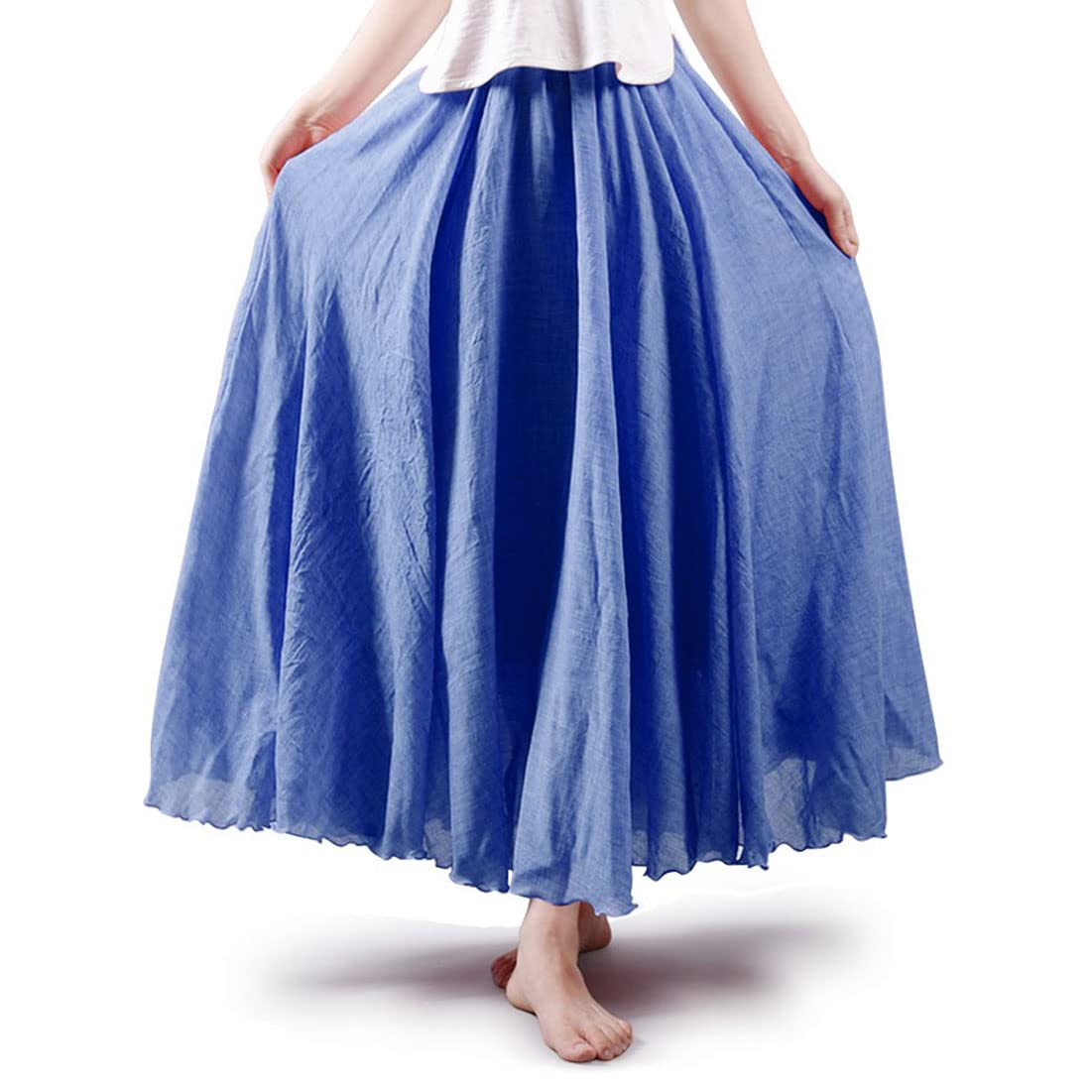 Women Bohemian Style Elastic Waist Band Cotton Linen Long Maxi Skirt Dress