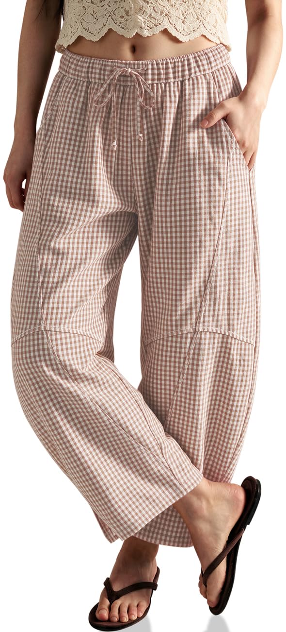 TARSE Womens Gingham Striped Linen Barrel Pants Drawstring Casual Trousers