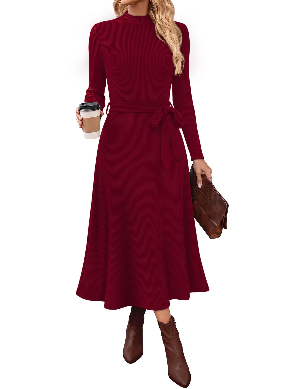 OFEEFAN Long Sleeve Dress Mock Neck Tie Waist Ribbed Knit Midi Dresses Fall Outfits