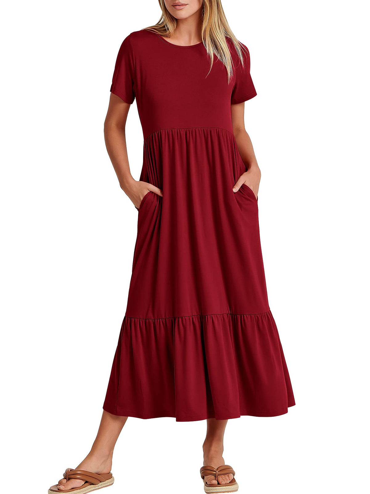 ANRABESS Womens 2026 Summer Casual Maxi Dress A line Tiered Flowy Short Sleeve Crewneck T Shirt Beach Travel Long Dresses