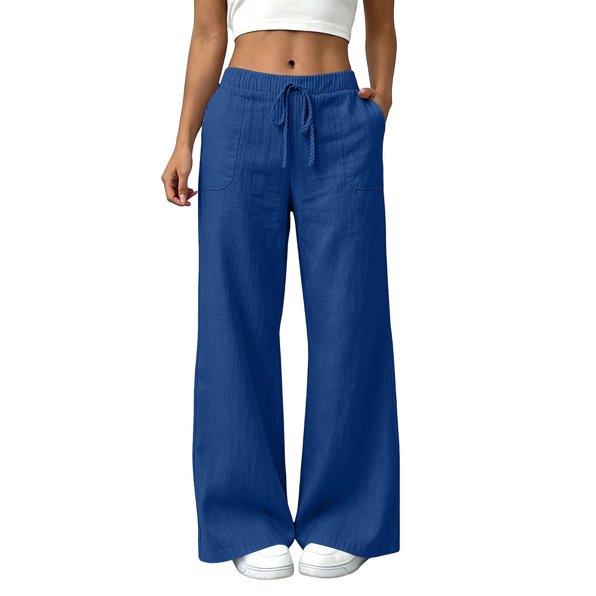 YRAETENM Wide Leg Linen Pants for Women Drawstring High Waisted Trousers