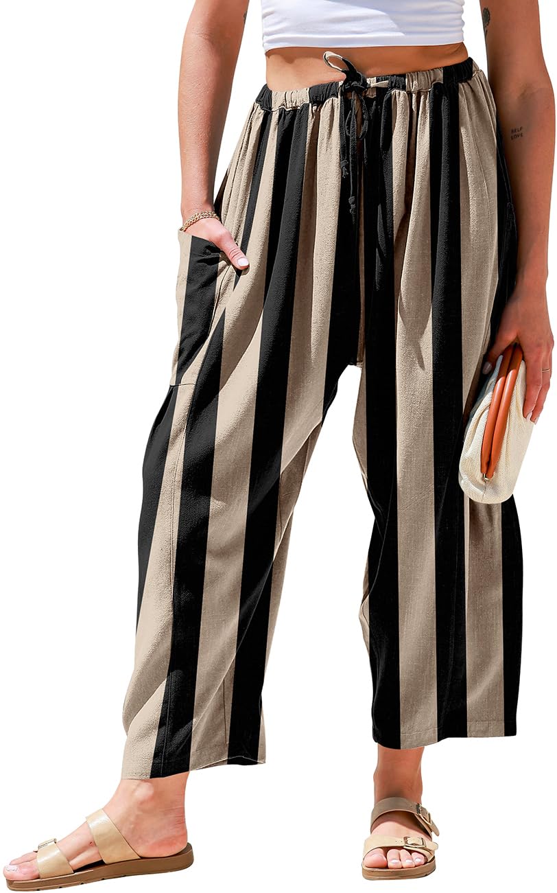 TARSE Womens Wide Leg Striped Linen Pants with Pocket
