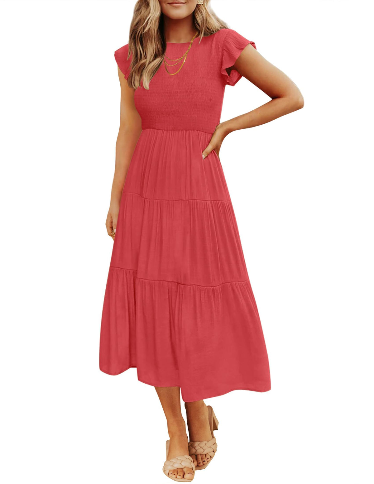 ZESICA Women's 2026 Summer Casual Flutter Short Sleeve Smocked Midi Dress