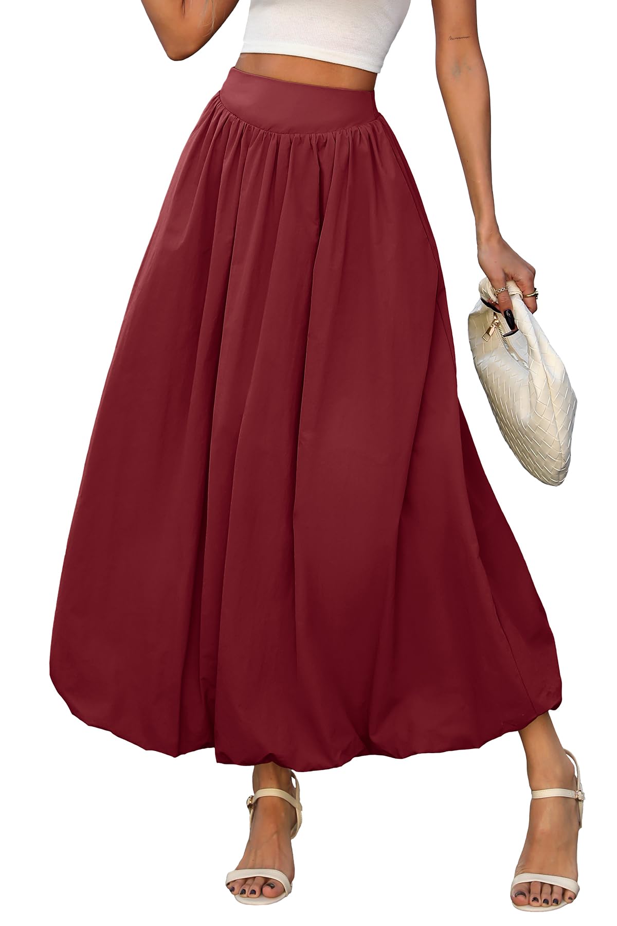 ELLEVEN Women's Bubble Maxi Skirt, Elastic Waist Puffy Hem A-Line Skirts