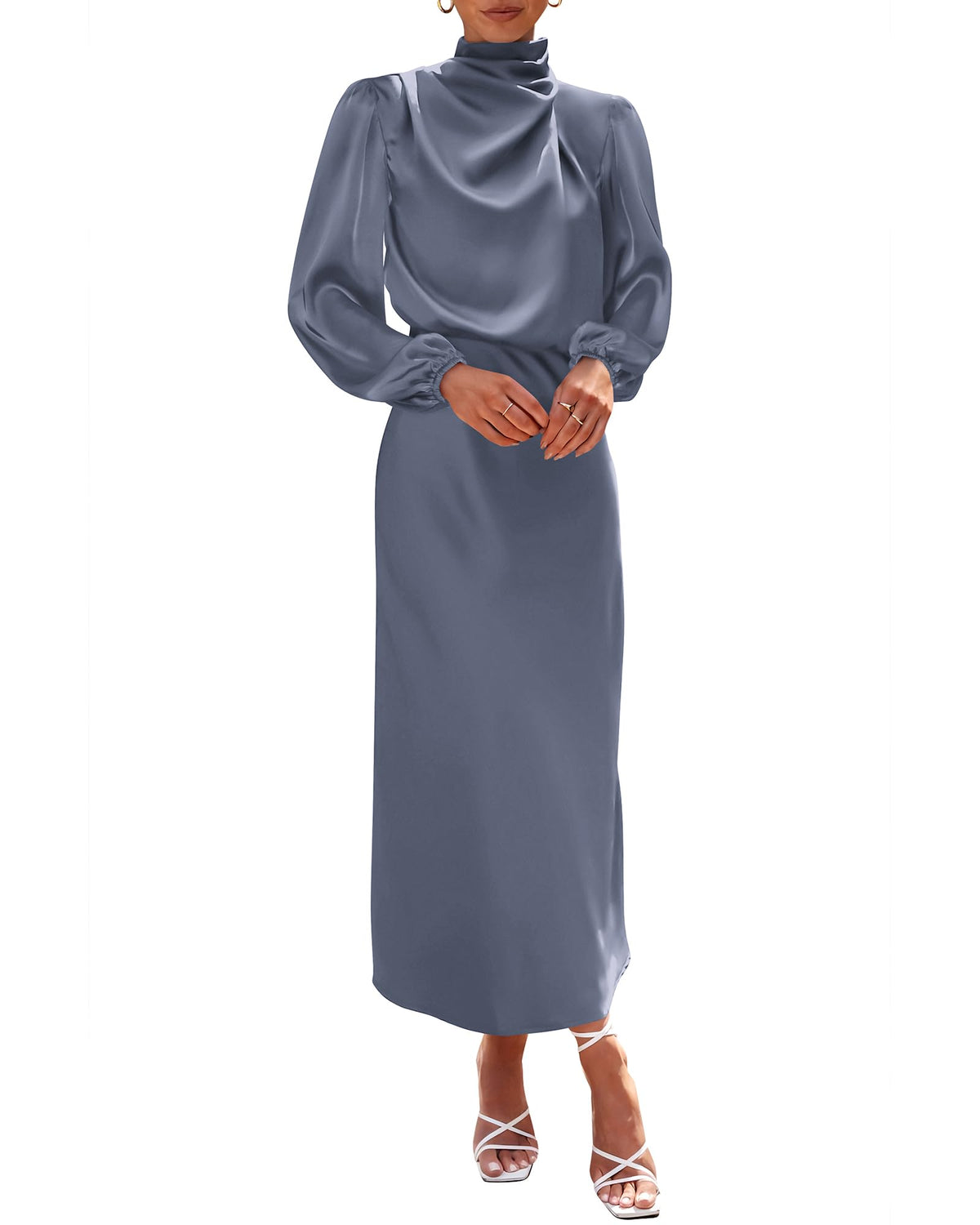 BTFBM Womens Mock Neck Satin Maxi Dress Fall 2026
