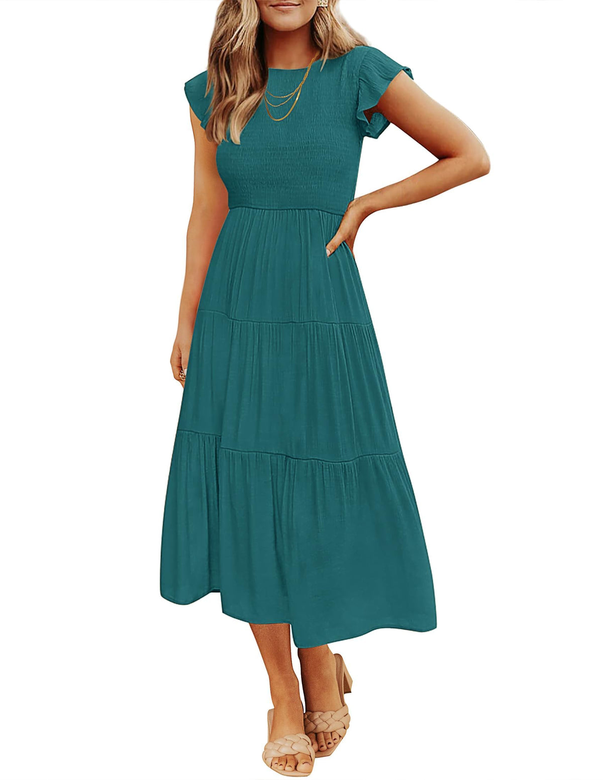 ZESICA Women's 2026 Summer Casual Flutter Short Sleeve Smocked Midi Dress