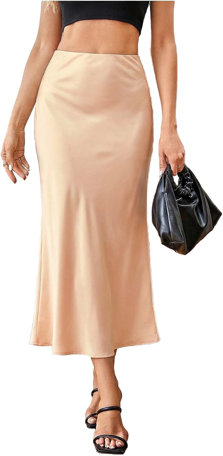 MakeMeChic Women's Satin High Waisted Fishtail Flowy Midi Skirt
