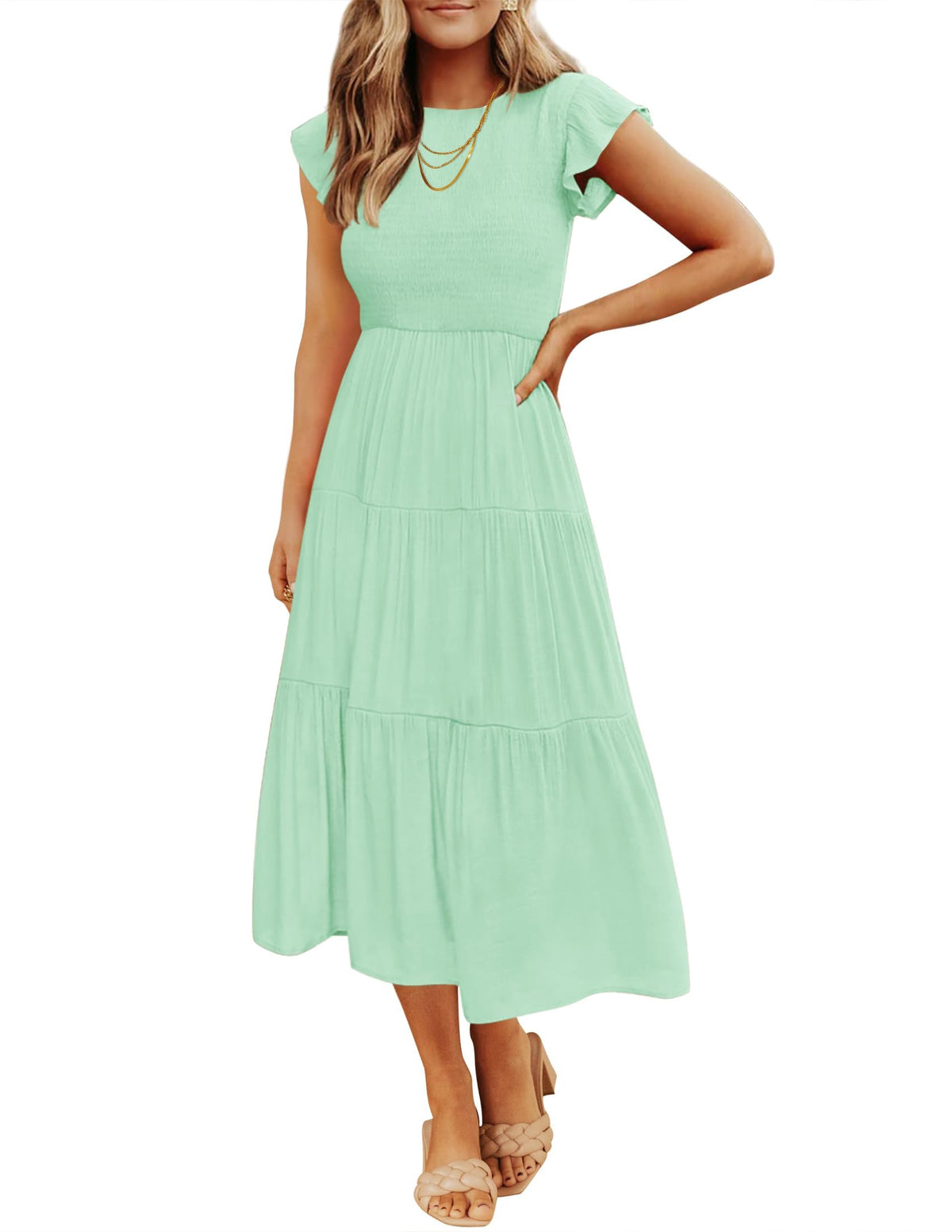 ZESICA Women's 2026 Summer Casual Flutter Short Sleeve Smocked Midi Dress