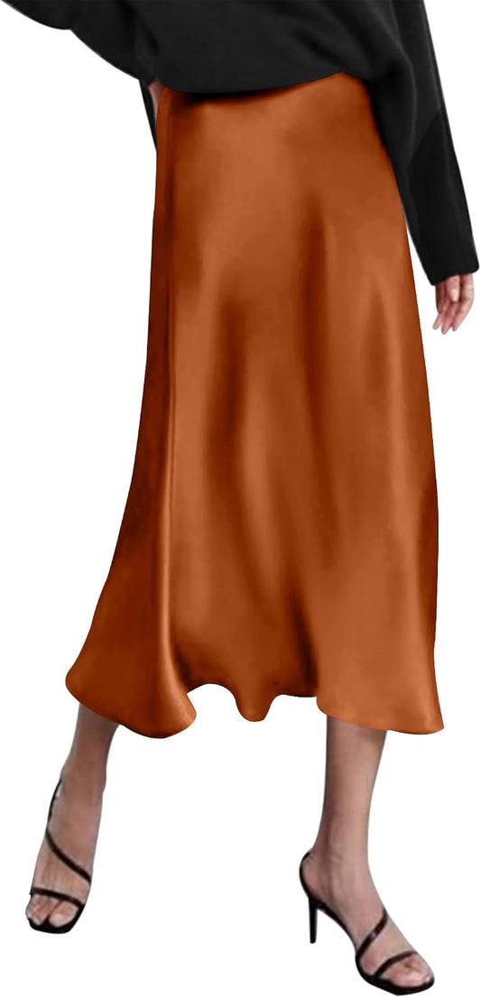 Zeagoo Skirts for Women High Waist Skirt Elegant Midi Skirt Satin