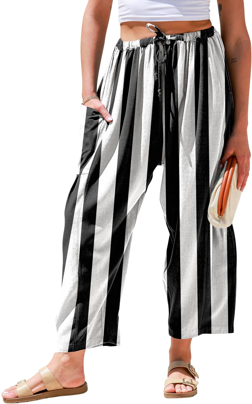TARSE Womens Wide Leg Striped Linen Pants with Pocket
