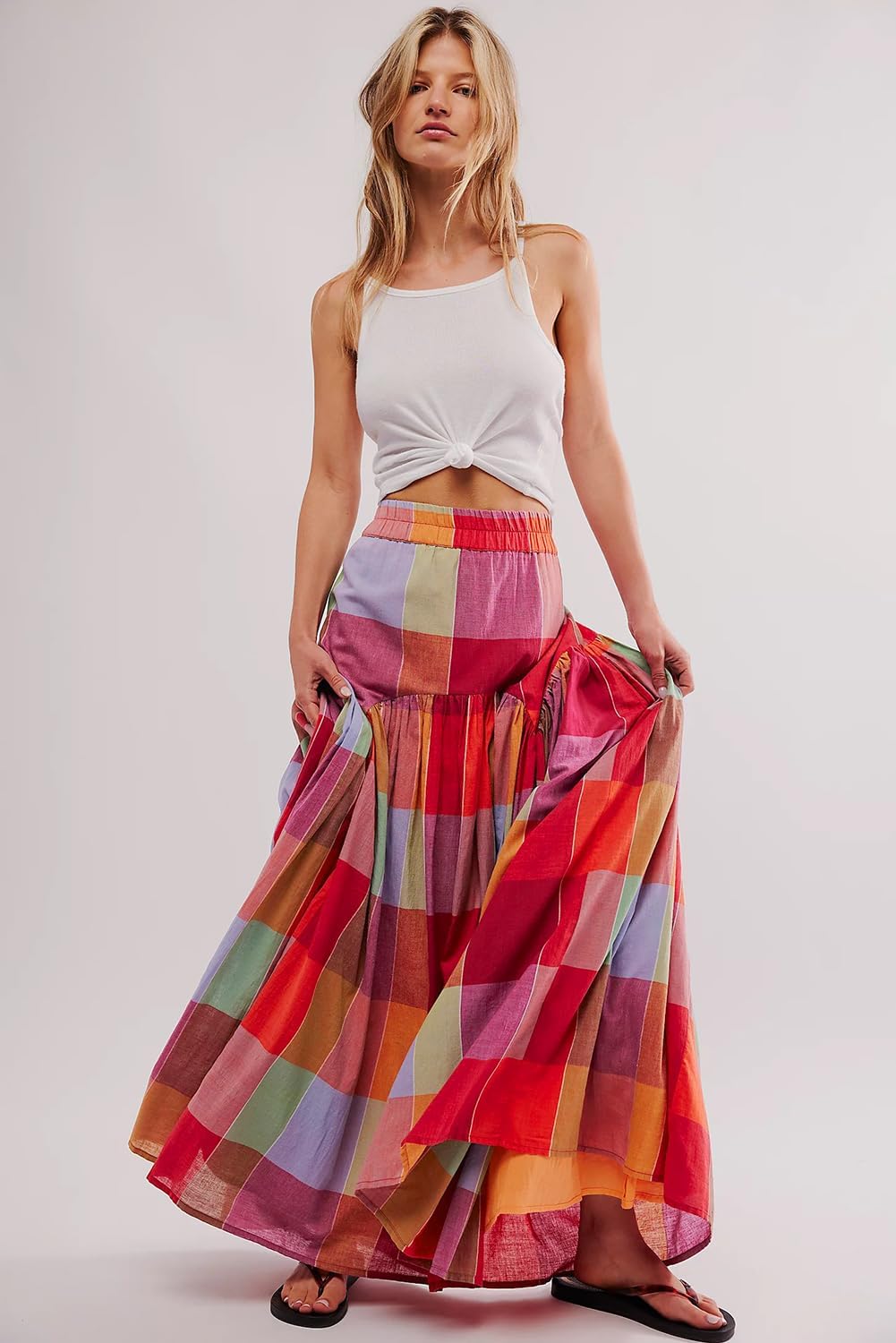 TinyCribz Women's Boho Ruched Plaid High Waist Floor Length Maxi Skirt