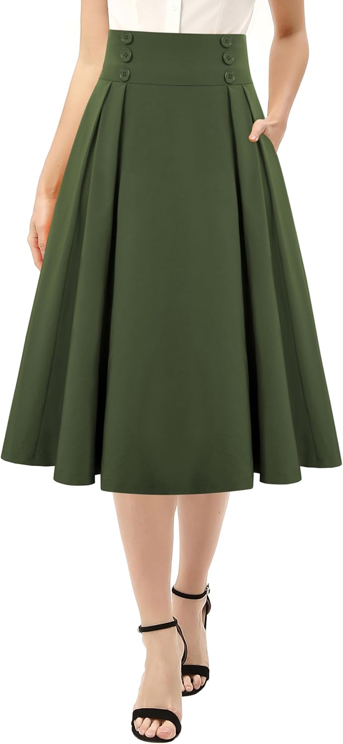 Belle Poque Women's Midi Pleated A-Line Skirts Pockets