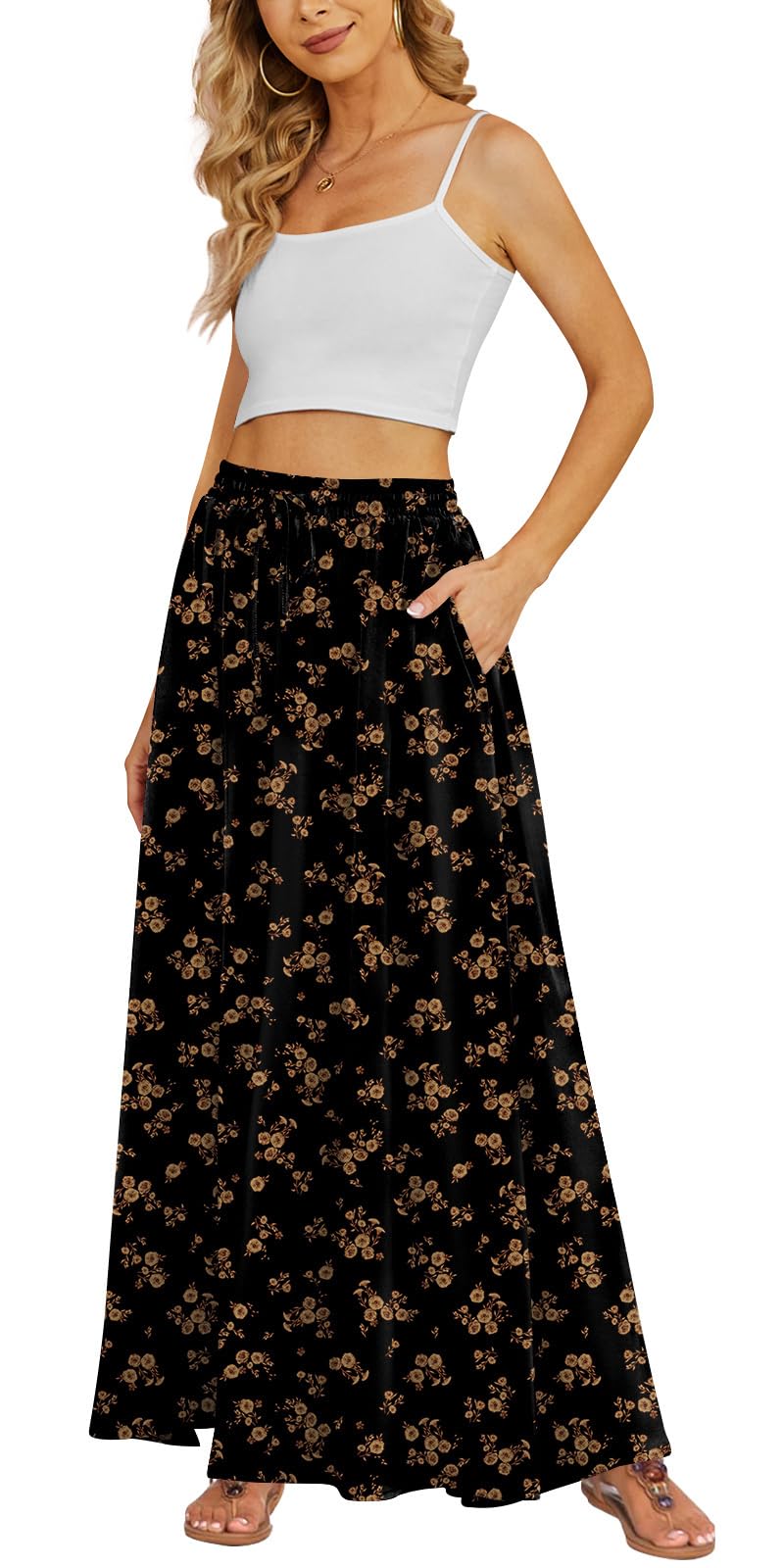 Yincro Women's Maxi Skirt Flowy High Waist Casual Long Skirts with Pockets