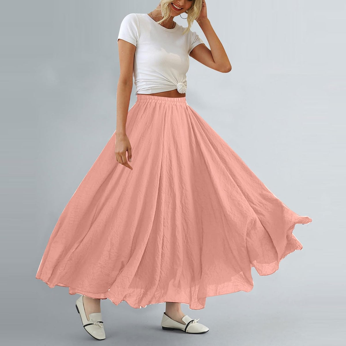 Women Bohemian Style Elastic Waist Band Cotton Linen Long Maxi Skirt Dress