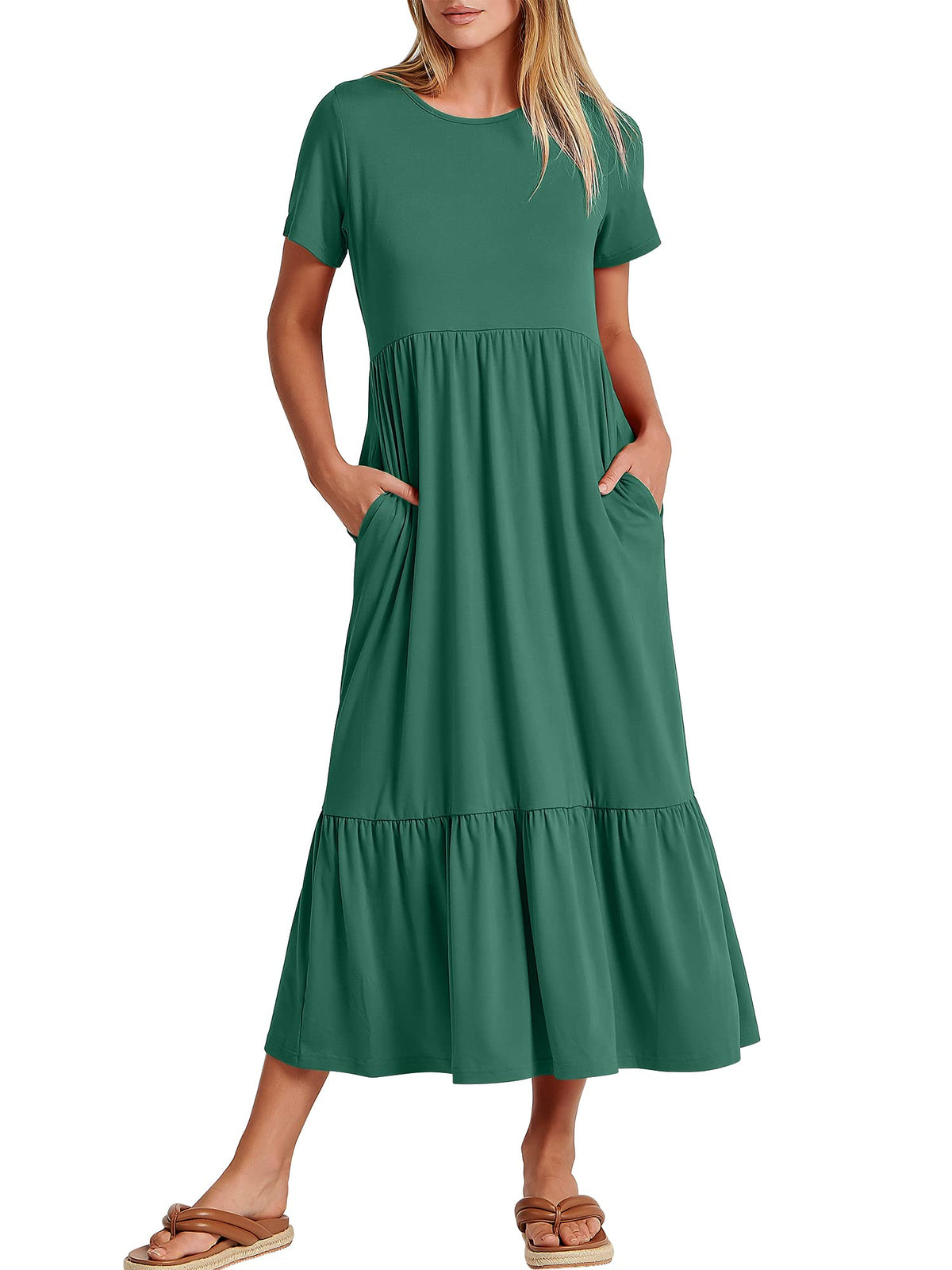 ANRABESS Womens 2026 Summer Casual Maxi Dress A line Tiered Flowy Short Sleeve Crewneck T Shirt Beach Travel Long Dresses