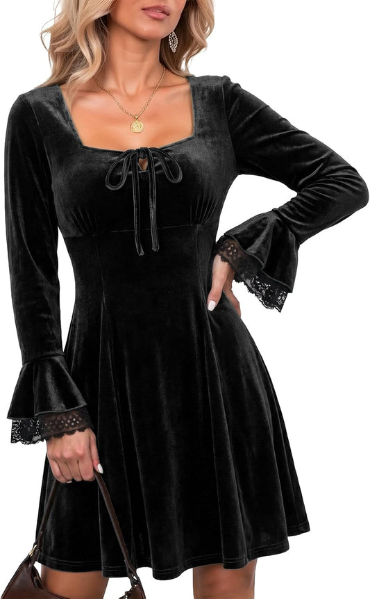 Dokotoo Womens Fall Dresses Lace Long Sleeve Velvet Dress