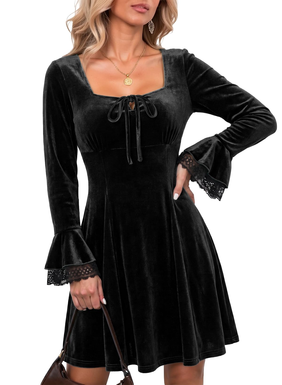 Dokotoo Womens Fall Dresses Lace Long Sleeve Velvet Dress