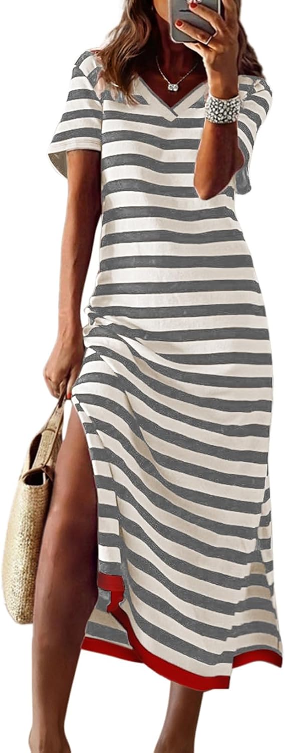 Dokotoo Womens 2026 Short Sleeve Maxi Dress Striped Split T Shirt Dress
