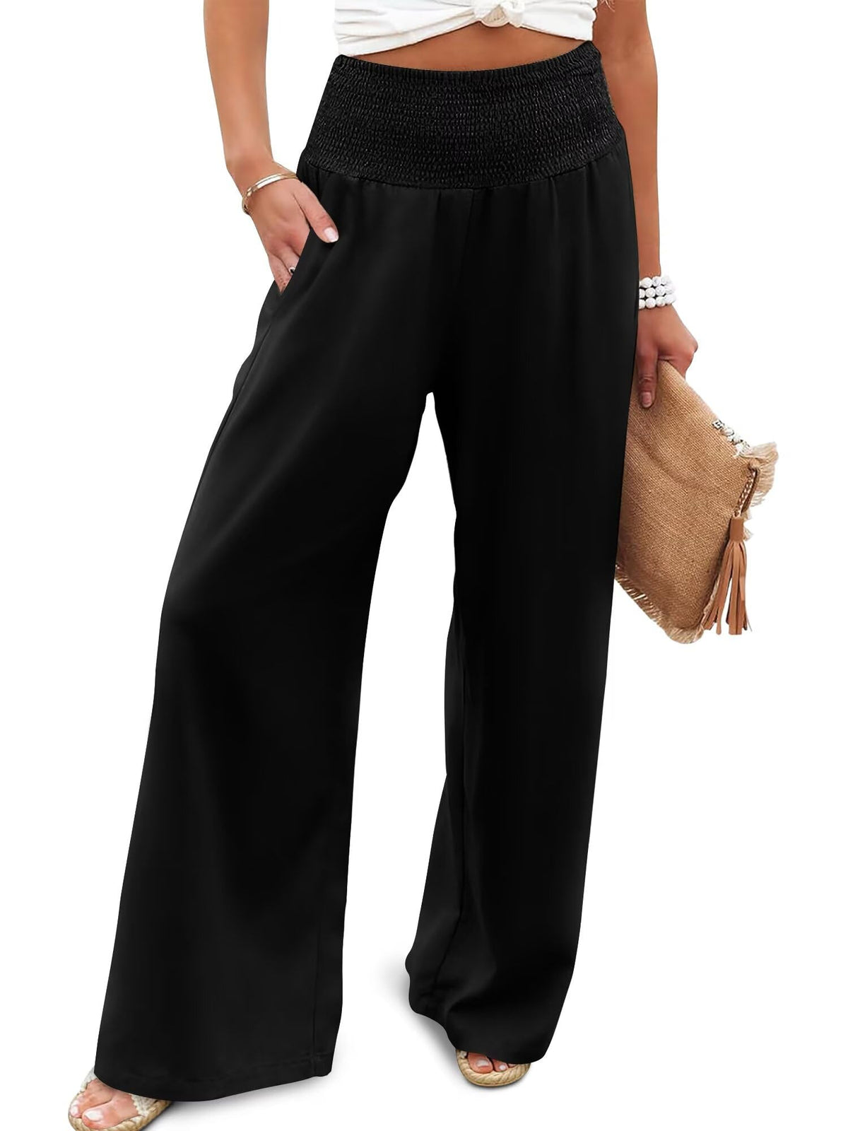 JZC Womens Wide Leg Pants Elastic High Waisted Palazzo Pants Summer Flowy Casual Trousers Beach Travel Vacation Outfits