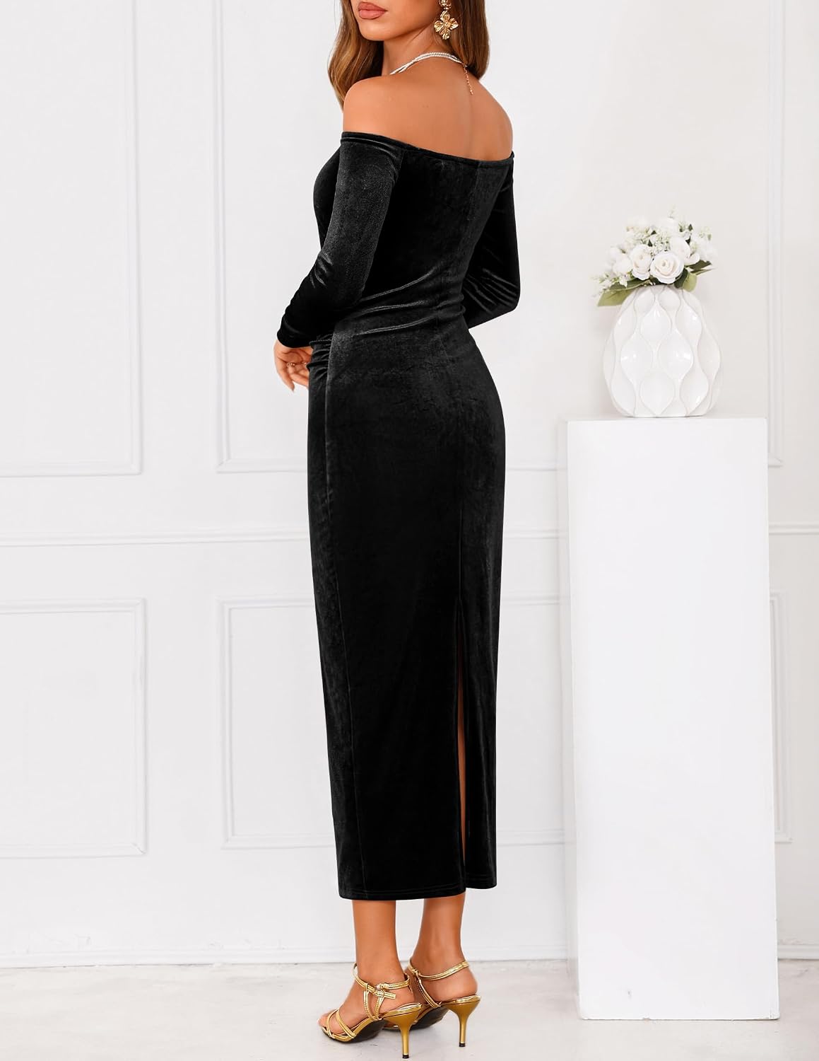 ZESICA Womens Velvet Long Sleeve Off Shoulder Formal Bodycon Maxi Dress