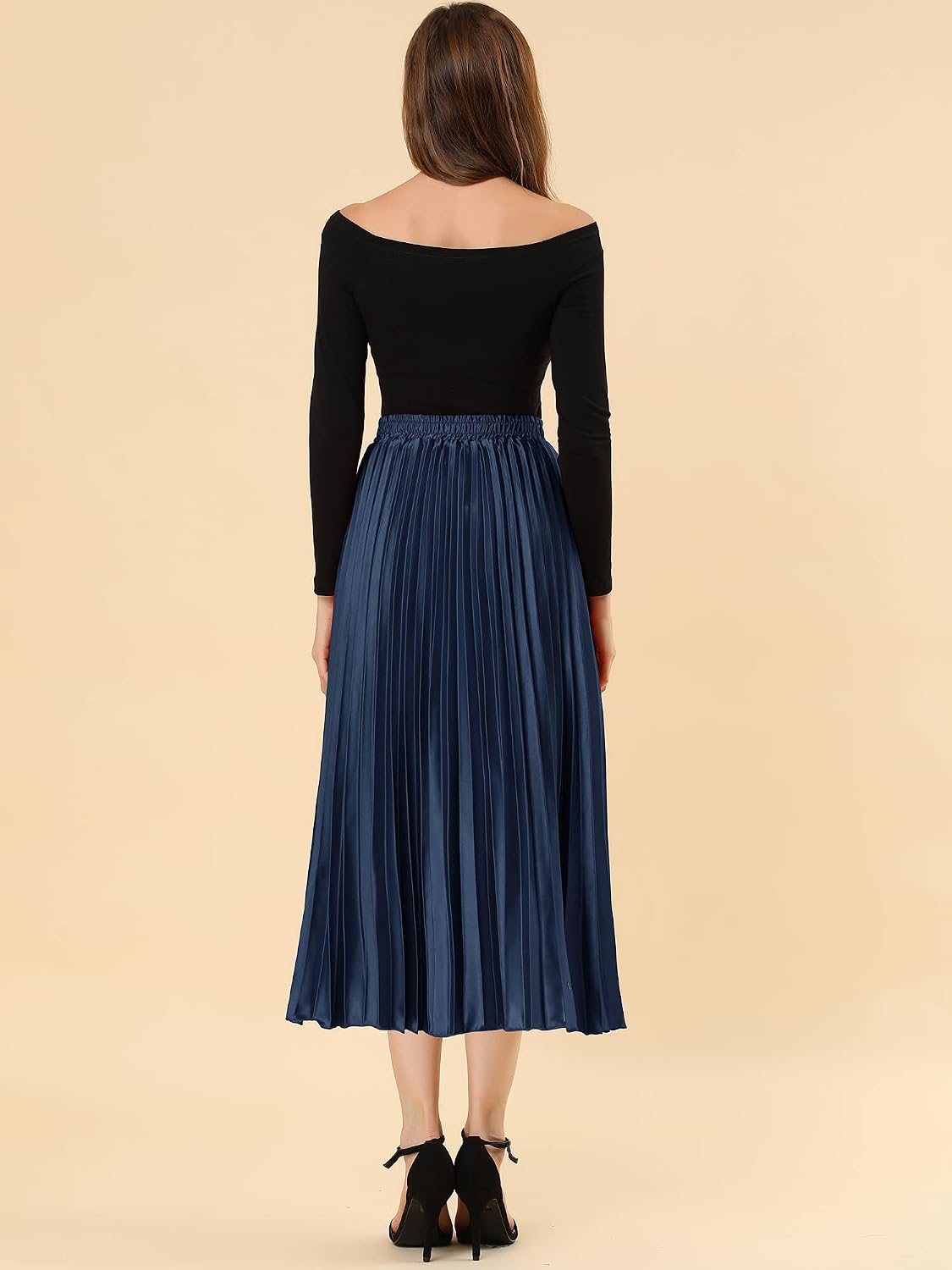 Allegra K Women Pleated Midi Skirt High Waisted Metallic Party Skirts