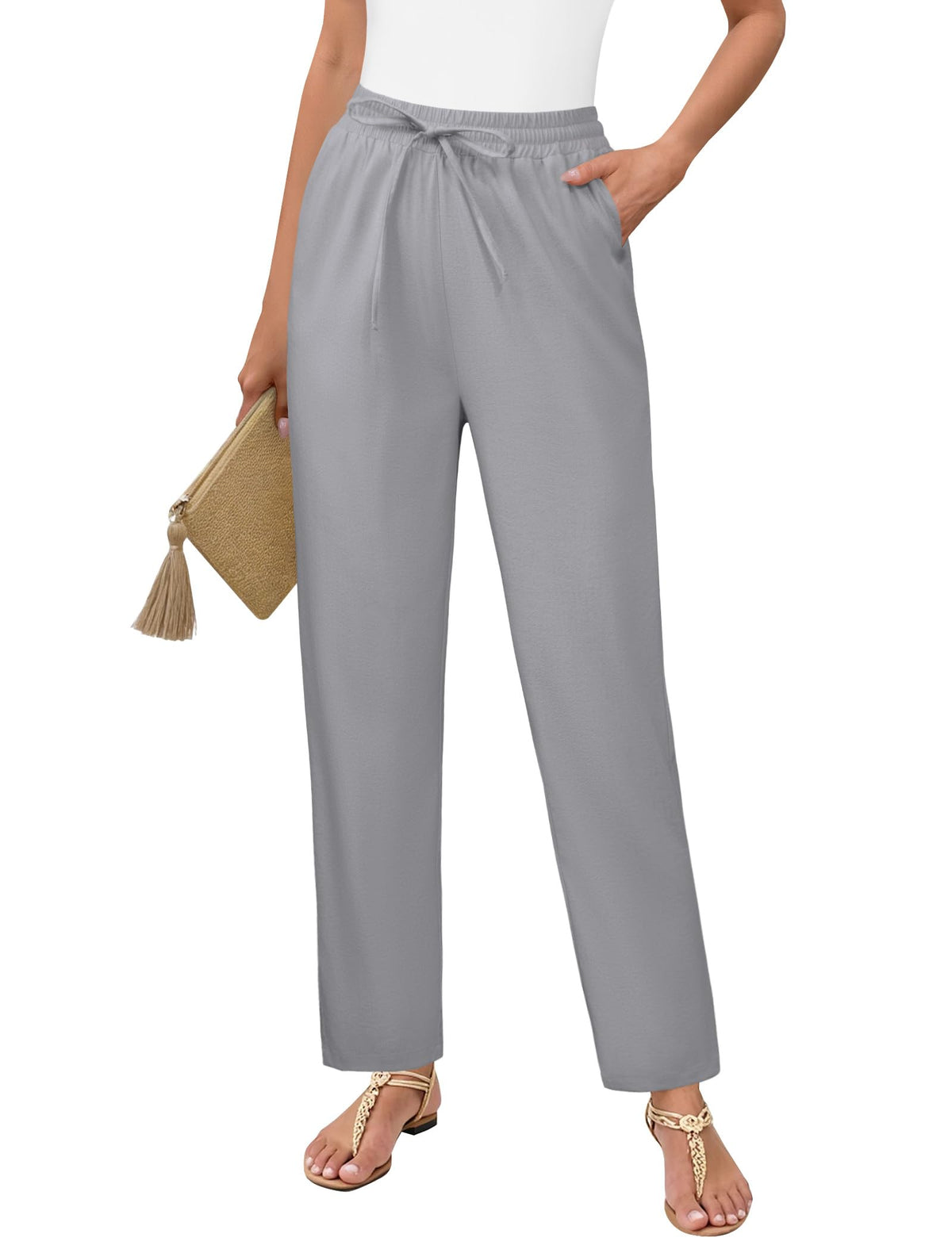 DLOODA Womens Linen Pants High Waisted Drawstring Casual Ankle Trousers