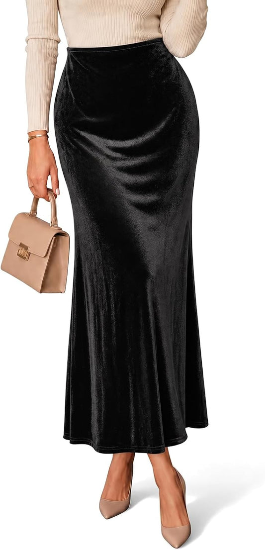 Cicy Bell Womens Velvet Maxi Skirt Fall High Waisted A-Line Long Skirts