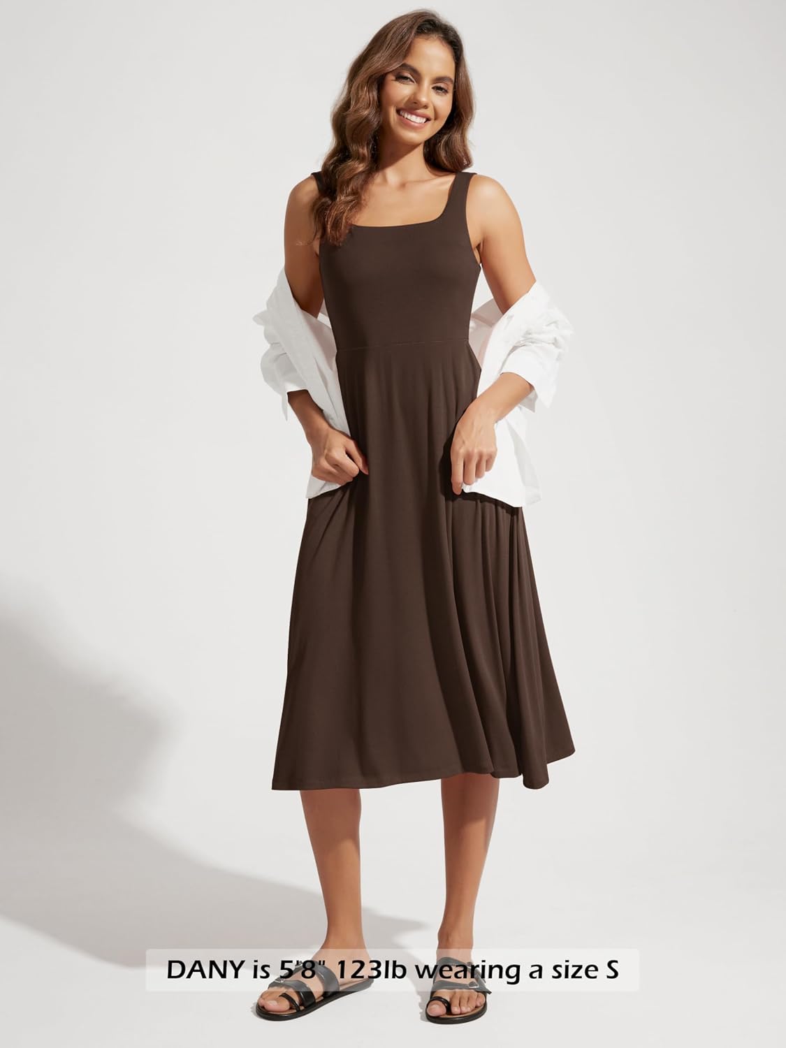 ODODOS Square Neck Midi Dress with Pockets for Women Summer Casual Sleeveless Sundress Flare Tank Dress