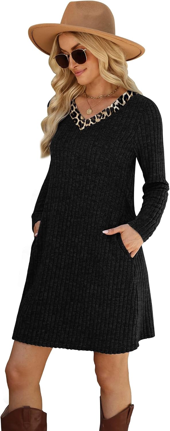 OFEEFAN Fall Dresses for Women Color Block V Neck Long Sleeve Sweater Dress