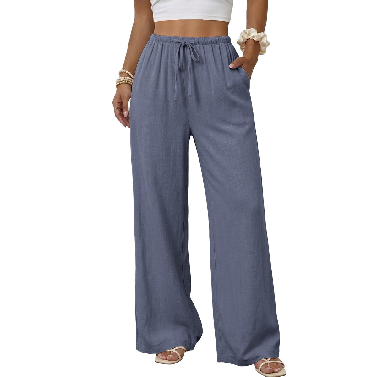 Duyang Womens Cotton Linen Palazzo Pants Drawstring Elastic Waist Casual Wide Leg Trousers with Pockets
