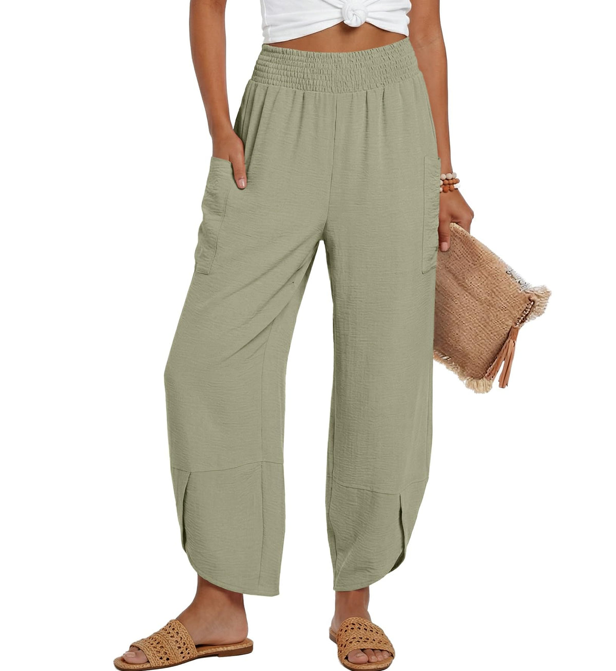Lepunuo Womens Wide Leg Pants Palazzo High Waisted Smocked Trousers Summer Beach Casual Travel Pants 2026 with Pockets