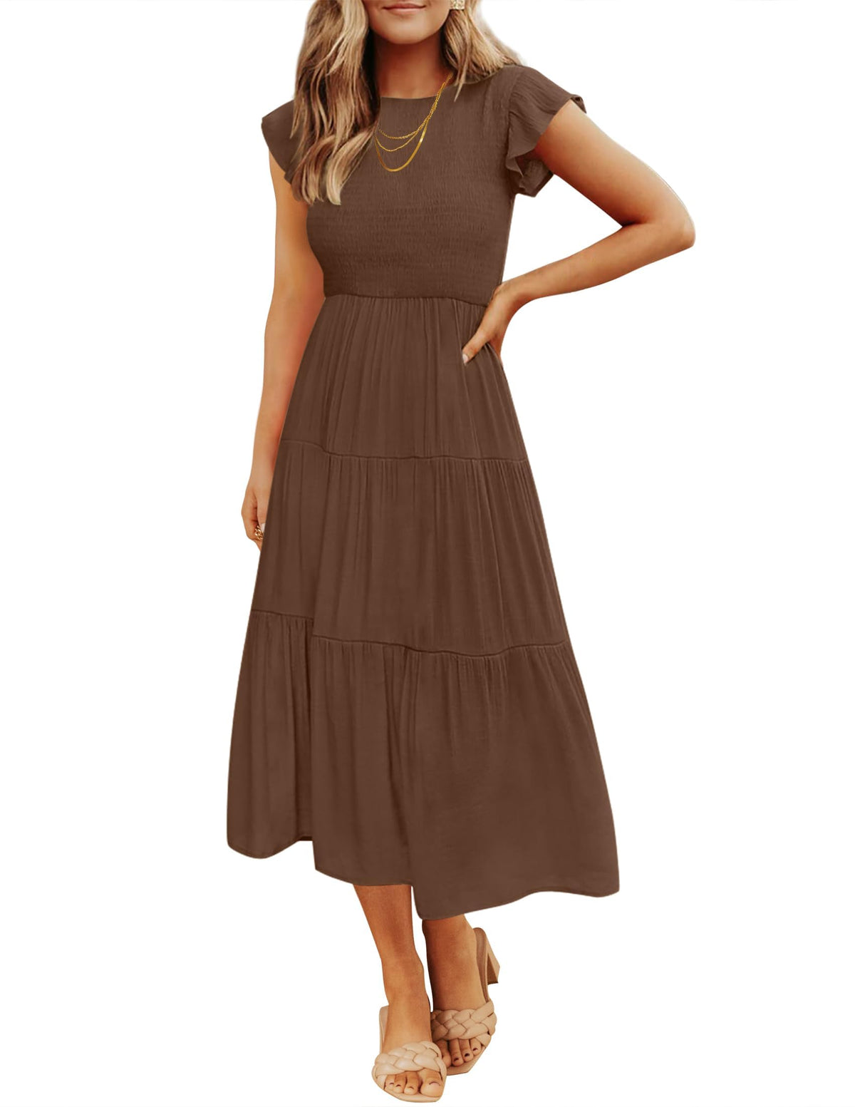 ZESICA Women's 2026 Summer Casual Flutter Short Sleeve Smocked Midi Dress