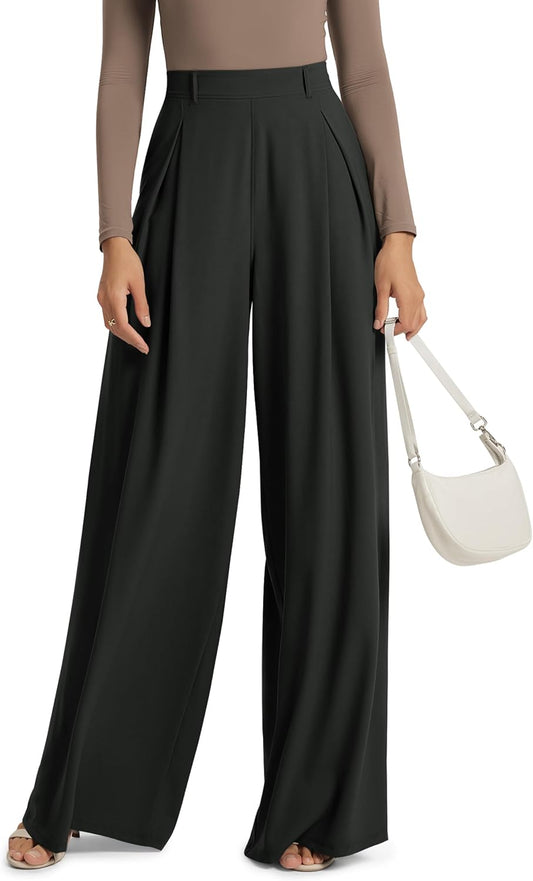 ODODOS Pleated Extra Wide Leg Pants for Women Flowy Lightweight High Waist Trouser with Pockets - 27" / 29" / 31" Inseam