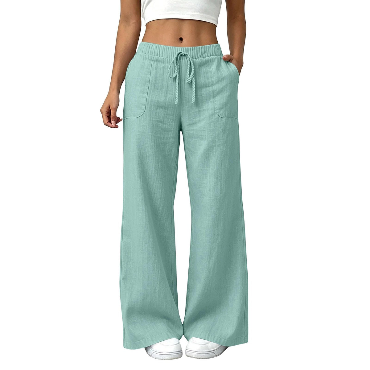 YRAETENM Wide Leg Linen Pants for Women Drawstring High Waisted Trousers