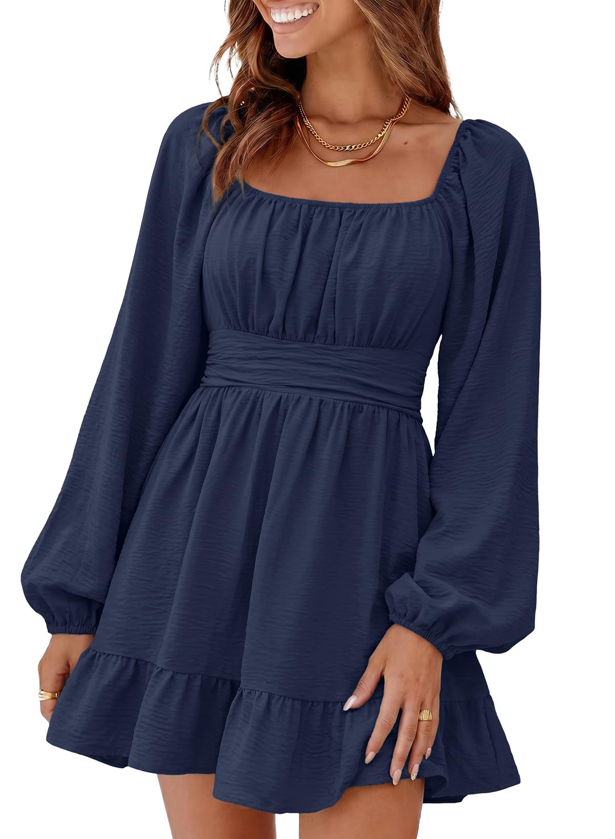 Dokotoo Womens Dress Lantern Sleeve Elastic Waist Tie Backless Mini Dress